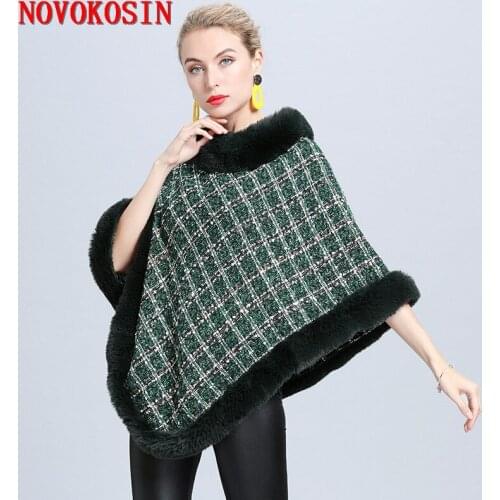 Sample 3 Colors Short Fur O Neck Coat Cloak 2020 Red Plaid Pullover Women Loose Capes Autumn Winter Triangle Knitted Poncho