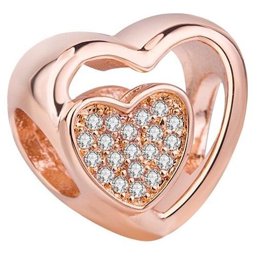 Genuine 925 Sterling Silver Bead Charm Rose Gold Openwork Joined Together Love Heart With Crystal Beads Fit Pan Bracelet