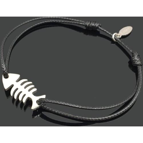 Fish Bone Stainless Steel Charm Wish Cord Bracelet Fish Animal Pendant Adjustable String Gift Bracelet