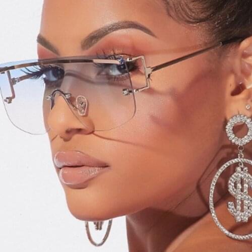 2021 New Luxury Brand Rimless Alloy Sunglasses For Women Vintage One Piece Alloy Oversized Blue Pink Sun Glasses Men Flat Shades