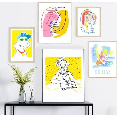 Modern Abstract Line Posters And Prints Cool Dog Girl Canvas Painting Hands Quotes Wall Art Pictures for Livingroom Nordic Decor