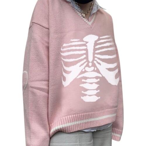 Women Sweater Adults Preppy Style Skeleton Print Long Sleeve V-neck Loose Pullover Autumn Winter Sweaters Jumpers