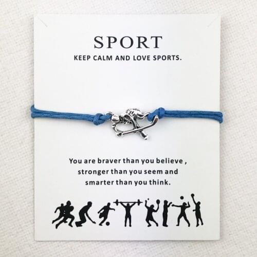 Tibetan Silver Hockey Athlete Connection Charms Cuff Multilayer Wax Rope Sports Bracelets Women Men With Card Bracelet Jewelry