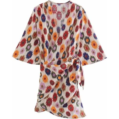 New Women Vintage Printed Dress with Knot V-Neck Half Sleeves Wrap Style Casual Mini Dresses Woman Robe