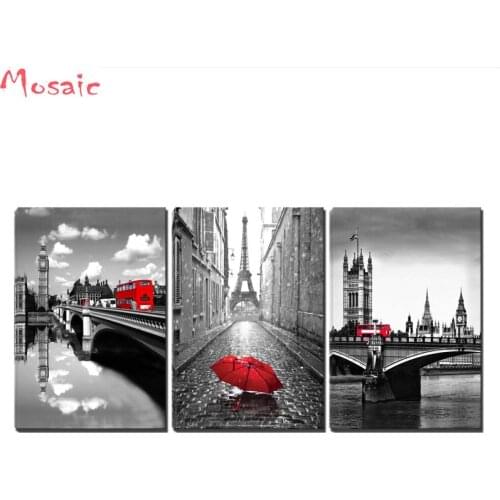 Diy 5d diamond painting cross stitch 3 Pcs Black and White Paris Tower with Red Umbrella Londons Big Ben Clock with Red Bus