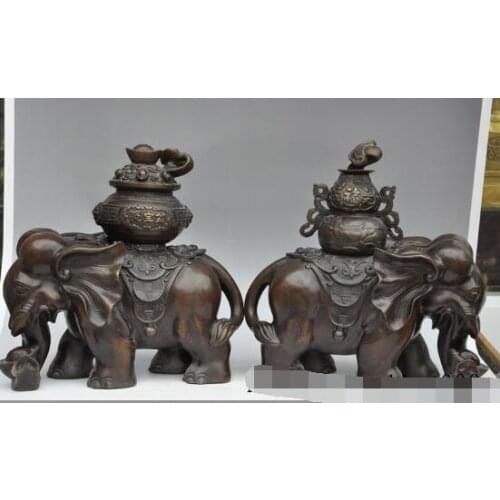 Free shipping S00227 14"China Bronze Wealth money treasure bowl Gourd Auspicious Elephant Statue Pair