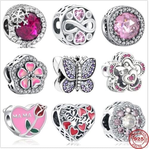New Original Silver Pink Heart Rose Butterfly Charm Bead fit Pandora charms silver 925 beads Bracelet for women DIY Jewelry Gift