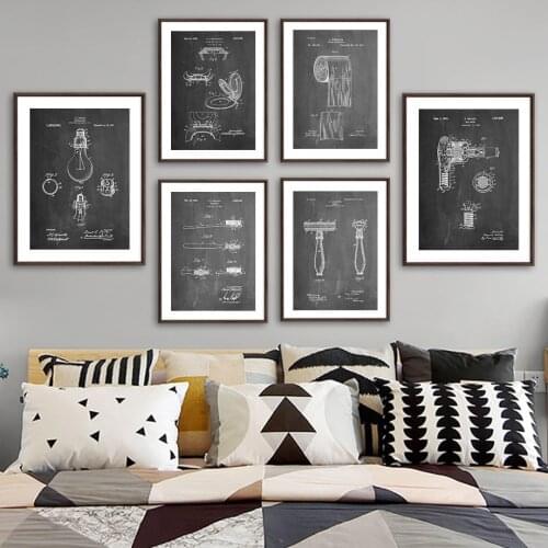 Black White Design Drawing Bulb Shaver Wall Art Canvas Painting Nordic Posters And Prints Wall Pictures For Living Room Decor