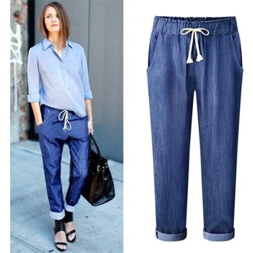 Plus Size M-6XL 7XL Jeans 2020 Casual Loose Elastic Waist Loose Trousers Women Autumn Solid Color Cotton Pencil Pants Black