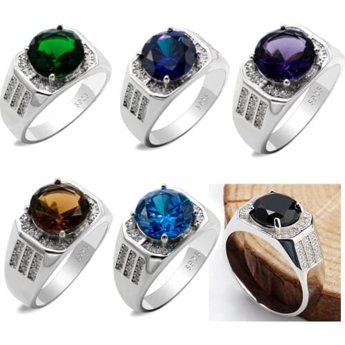 New Style 925 Sterling Silver Mens Ring With Geometric Black Large CZ Stone Simple Ring With Transparent CZ Mens High Jewelry