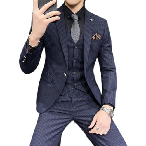 Jacket + Vest + Pants ) Formal Business Stripe Suit for Mens Fashion Boutique Slim bridegroom Wedding Dress Suit 3 Pces Set