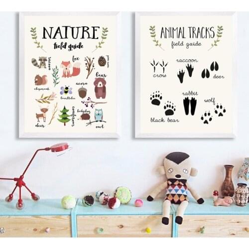 Nature Field Guide Poster Educational Prints Woodland Animals Tracks Charts Canvas Painting Neutral Kindergarten Kids Room Decor