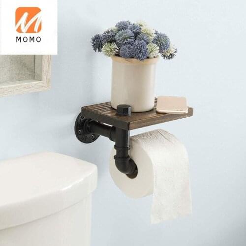 Industrial Toilet Paper Holder with Rustic Wooden Shelf and Cast Iron Pipe Hardware for Bathroom, Washroom