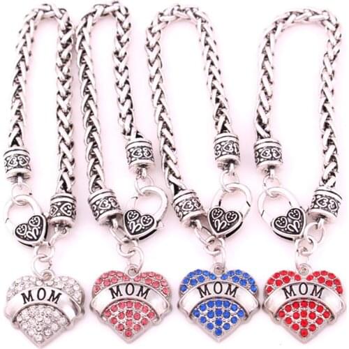 Multi-color rhodium plated studded with sparkling crystal MOM charm bracelet Lobster-claw-clasps