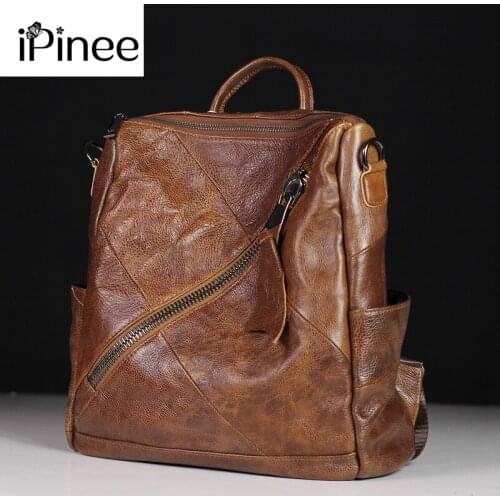 IPinee Fashion Designer Women Genuine Leather Backpack Shoulder School Bags for Teenagers Travel Cowhide Female Knapsack Black