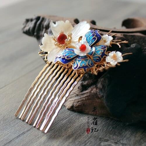 Vintage bead handmade shell flower Cloisonne hairpin hair comb Hair accessories Headwear do-up tools for hair bun kimono COSPLAY