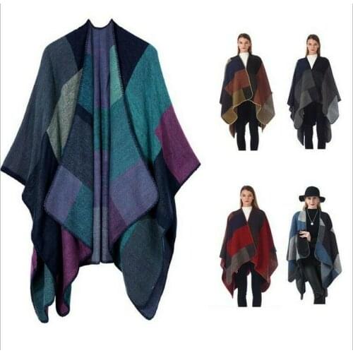 Women Ladies Cape Wrap Shawl One Size Kimono Knitted Swing Coat & Blanket Thickened Cashmere-Like Split Geometric Square Scarf