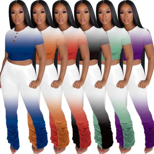 Stunning Gradient Printing Women Outfits Fashion Female Two Pieces Stacked Joggers Party Club Streetwear Pants + T Shirt Short
