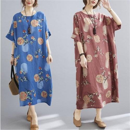 2021 Summer Fashion New Plus Size Women Clothing Round Neck Short Sleeve Comfortable Cotton And Linen Floral Dress Trend H034