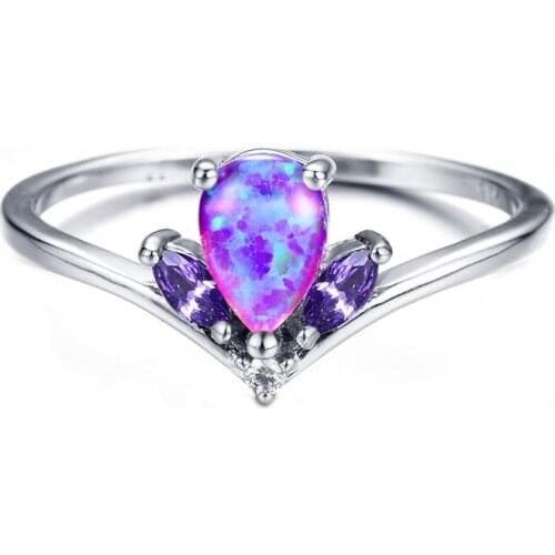 Bamos Vintage Purple Fire Opal Engagement Ring Simple Flower Wedding Rings For Women Fashion Silver Color Jewelry