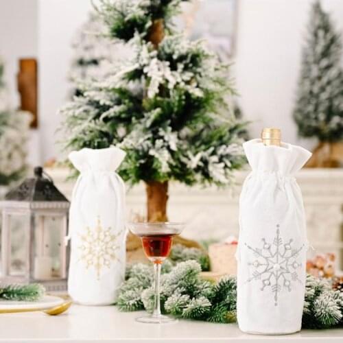 2pcs Christmas Snowflake Champagne Red Wine Bottle Cover Drawstring Bag Decor