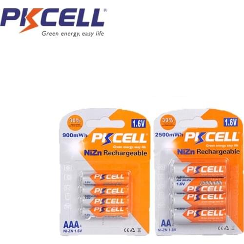 PKCELL 4Pcs NIZN AA Rechargeable Battery aa 2500mWh and 4Pcs ni-zn AAA Batteries aaa 900mWh 1.6v highest 1.8v