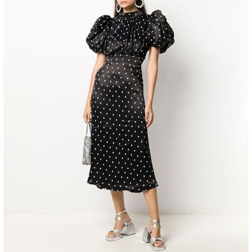 Australia Fashion Polka Dot Dress Womens 2021 Summer New Stand Collar Puff Sleeve Printed Zipper Waist Waist Thin Formal Dress