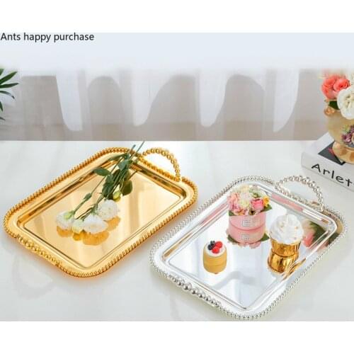 European Metal Silver Rectangular Cake Tray Pearl Handle Dessert Plate Gold-plated Fruit Dessert Plate Wedding Display Tray