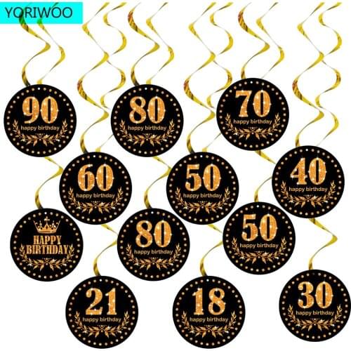 6pcs 18 21 40 50 60th Years Birthday Garland Hanging Swirls Black And Gold Happy Birthday Party Decorations Adult 30th Men Women
