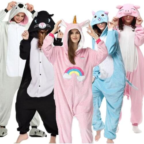 HKSNG Kigurumi Adults Unicorn Onesies Cat Pajamas Jumpsuit Homewear Halloween Party Koala Pink Pig Bear Panda Cosplay Costume