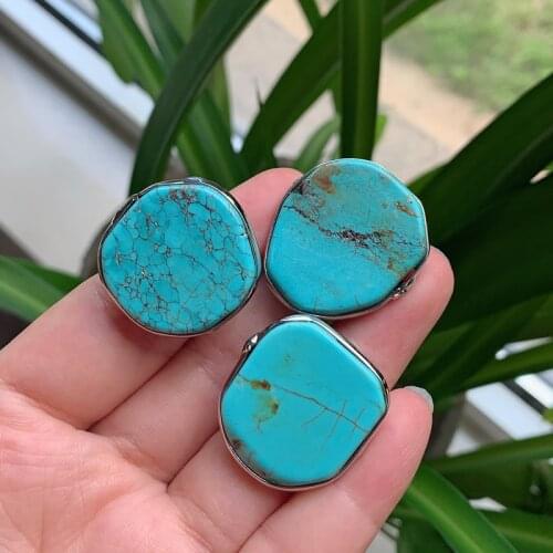 1PC Turquoises Ring Irregular Flat Gometric Silver Color Blue Howlite Stone Open Adjustable Ring for Women Party Wedding Jewelry