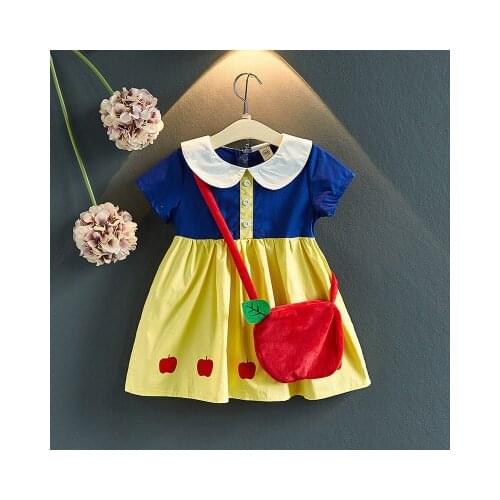 Girls summer new dress cute doll collar short-sleeved cartoon princess dress childrens toddler clothes to send a small satchel