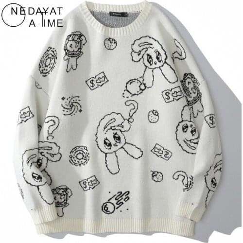 Fashion Casual Sweaters Hip Hop Cartoon Cute Rabbit Strawberry knitted Pullover Sweater Harajuku Streetwear College Style Tops