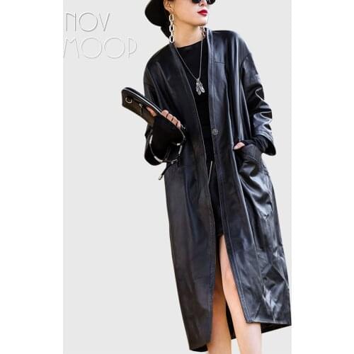 Novmoop 2020 french style one piece genuine leather sheepskin tretch coat Trench-coat en cuir pour femme LT3264