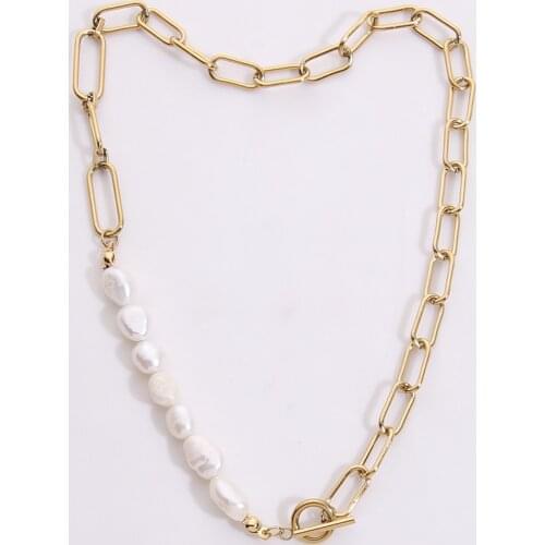New Trendy Oval Link Chain Women OT Buckle Gold Plated Clavicle Chain Freshwater Pearl Choker Necklace For Women Girls