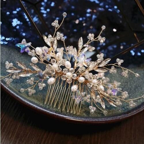 Gold Color Rhinestone Flower Leaf Bridal Hair Comb for Girls Crystal Star Hair Ornaments Jewelry Wedding Hair Accessories