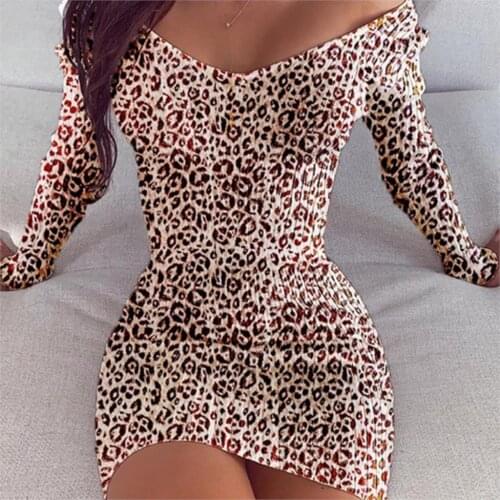 Sexy Off Shoulder Leopard Dresses Women Autumn Pleated Mini Dress Female Long Sleeve Slim Dress Clubwear