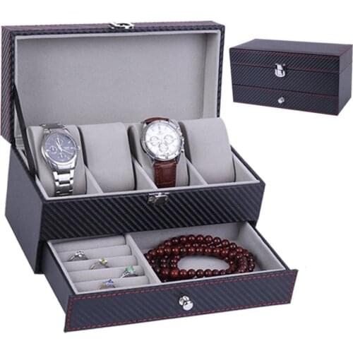Watch Box PU Leather Jewelry Organizer Travel Display Case for Men /Women,4 Slots Magnetic Top,Black