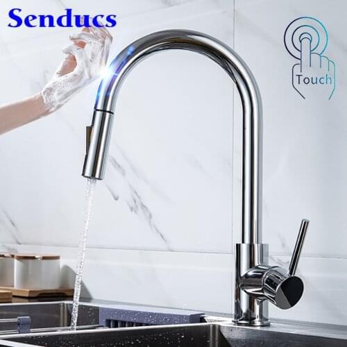 Senducs Chrome Touch Kitchen Faucets Quality Stainless Steel Pull Out Kitchen Mixer Faucets Smart Touch Chrome Kitchen Mixer Tap