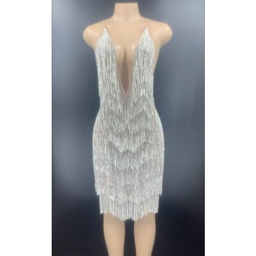 Sparkly Rhinestone Fringes Backless Sleeveless Short Dress Women Show Performance Competition Dance Dress Birthday Party Outfit