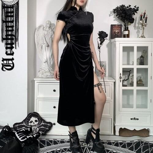 Vintage Velvet Black Midi Dress Goth Sexy Cut Out Ruched Party Dress Aesthetic High Waist Split Dress Elegant Cheongsam