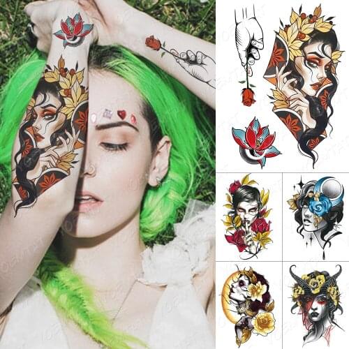 Waterproof Temporary Tattoo Sticker Black Goat Witch Girl Flash Tattoos Golden Rose Old School Body Art Arm Fake Tatoo Women