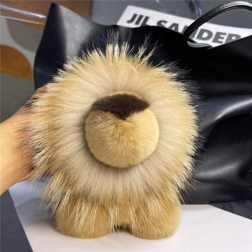 Real Rex Rabbit Fur Small Lion Keychain Women Bag Ornaments Cute Toy Pendant Car Key Metal Ring Leather Strap Kids Plush Gifts
