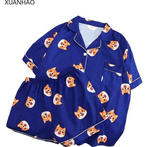 XUANHAO Women Blouse Sets Homewear Kawaii Harajuku Shiba Printed Chiffon Blouse Shirt And Shorts 2 Pcs Cloth Set Korean Pyjamas