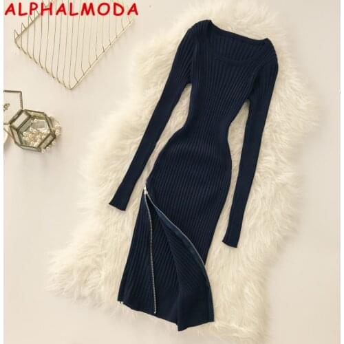 ALPHALMODA Oblique Zipper Sexy Knitted Dress Women 2018 Business Lady Dress Tight Skinny Irregular Hem Zipper Vestidos