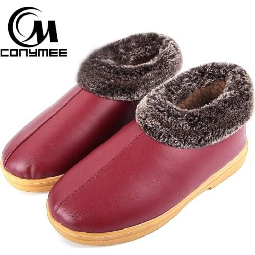 CONYMEE 2018 Winter Shoe Ladies Leather Snow Boots Woman Red Ankle Boots Home Shoes Non-slip Women Warm Plush Casual Sneakers