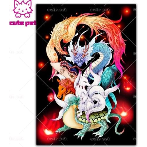 DIY Diamond EmbroideryDragon and Phoenix5d Full Square Diamond Painting Cross Stitch round Drill Mosaic diamond picture puzzle