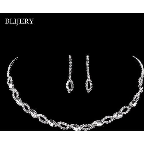 BLIJERY Simple Rhinestone Crystal Bridal Jewelry Sets Silver Color Leaves Choker Necklace Earrings Wedding Jewelry Set for Women