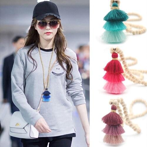 Boho Yoga Bohemian Ethnic Necklace Wood Beaded Tassel Necklace 3 Layered Tassels Necklace Handmade Long Sweater Necklace