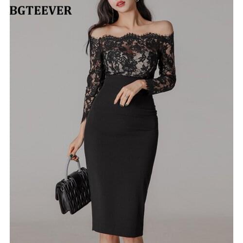BGTEEVER Elegant Women Lace Patchwork One-shoulder Midi Dress Sexy Slim Female Package Hip Dress Fashion Split Vestidos Femme
